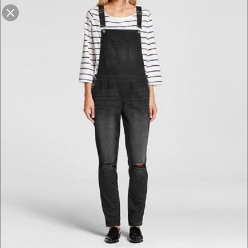 Mossimo Denim Black Distressed Overalls Womens XL Stretch Bib Jumpsuit New